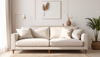 Neutral Serenity An Interior Featuring a Cozy Sofa and Natural Decor Elements
