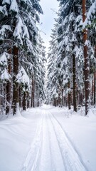 Obraz premium Tranquil Snowy Path Through Evergreen Forest in Winter Wonderland