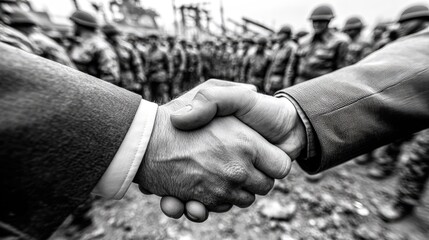 Two hands shake in a moment of peace amidst a military gathering.