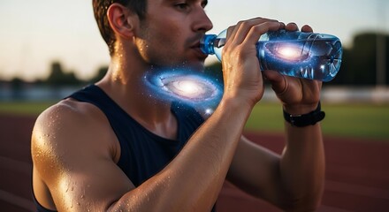 A thirsty man in workout clothes drinks water from a bottle, with a swirling galaxy digitally rendered inside it.
