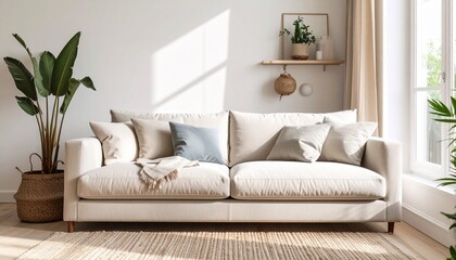 Stylish Scandinavian living room interior with a comfortable beige sofa, houseplant, and abundant natural light creating a cozy and modern home ambiance