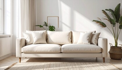 Modern and inviting living room interior featuring a comfortable, light-colored sofa bathed in natural sunlight, perfect for relaxation and contemporary home design aesthetics
