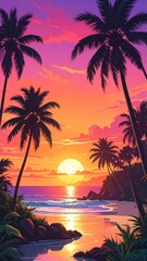 Serene Tropical Sunset with Palm Trees and Calm Ocean Waves