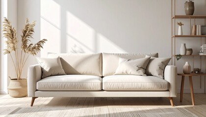 Serene and bright living room interior with a comfortable beige sofa, bathed in warm natural sunlight, reflecting a minimalist Japandi design aesthetic