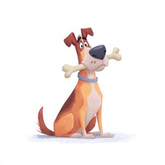 Anthropomorphic cartoon dog holding a large bone playfully,