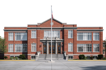 Classic Red Brick School Building with Front Entrance and Flagpole, Straight-On View, Transparent Background 