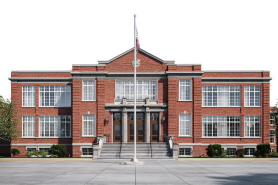 Classic Red Brick School Building with Front Entrance and Flagpole, Straight-On View, Transparent Background 