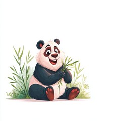 A cheerful cartoon panda sits among bamboo leaves, conveying joy and playfulness,