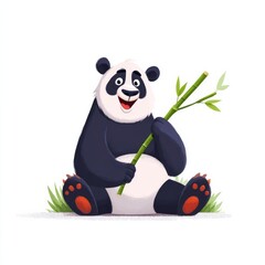 A cheerful cartoon panda sits comfortably with legs apart, clutching bamboo close while smiling broadly,