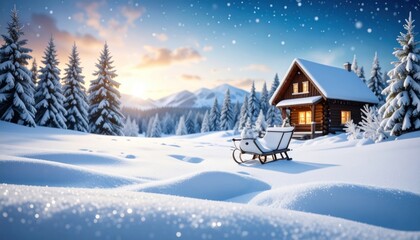 Snowy Mountain Cabin at Sunrise