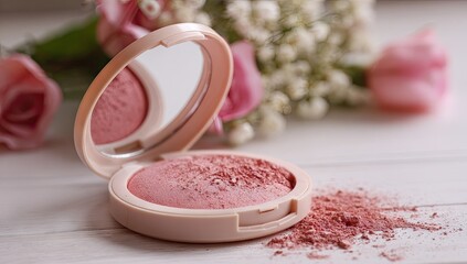 Elegant pink blush makeup compact with delicate roses on a wooden surface.