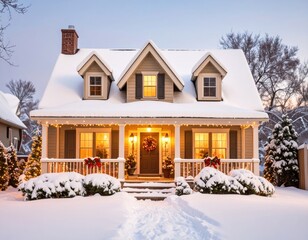 Snowy, cozy Christmas house at twilight