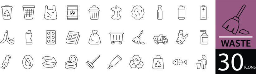 Minimal Waste Line Icon Set 30 Clean Outline Symbols for Recycling, Garbage, and Eco-Friendly Design © mstlily