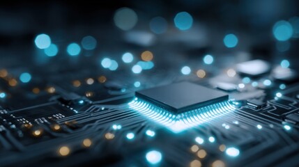 Abstract Close-Up of a CPU Chip on a Printed Circuit Board with Glowing Lights and Digital Technology Concept