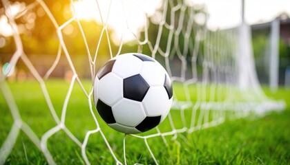 Soccer ball in a soccer net, on a green field, at sunset