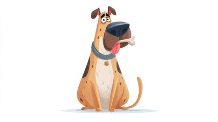 A cute cartoon dog with brown fur, white belly, and black spots, wearing a blue collar,