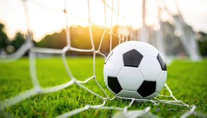 Soccer ball in goal net on a grassy field at sunset (1)