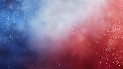 Fototapeta premium Abstract gradient background transitioning from deep blue to soft pink with scattered bokeh and snow-like particles,