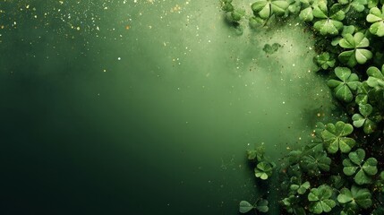 Fototapeta premium A vibrant green background filled with clover leaves transitions to a darker shade, creating a focal point on the right.