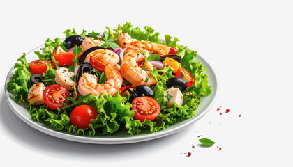 Delicious mediterranean seafood salad featuring shrimp, olives, and tomatoes served in a bowl on white background