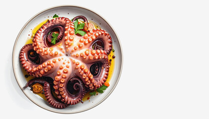 Elegant octopus dish with lemon and mint garnish served on white background ready for text insertion
