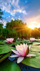 Beautiful Water Lilies in Bloom at Sunset Over Tranquil Pond