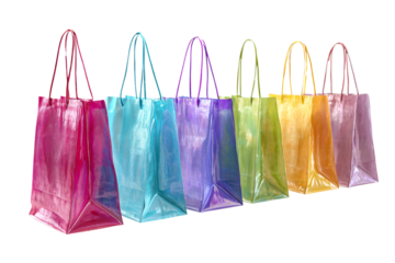 Colorful Plastic Shopping Bags Hanging in a Row, Side Angle View, Transparent Background 