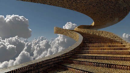 Ascend to digital paradise, a golden staircase steps through fluffy clouds, coded in binary, offering a path to software success and tech innovation