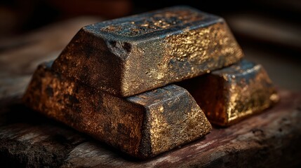 Stack of three gold bars on a rough surface.