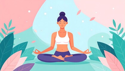 Obraz premium Serene Woman Meditating in Lotus Position Amidst Stylized Nature for Inner Peace and Wellness - Flat Vector Illustration