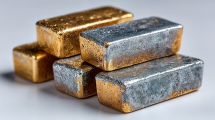 Stack of gold and silver bars on a white surface.