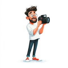 A young man with dark hair and glasses holds a camera, wearing a white t-shirt, blue jeans, red sneakers,