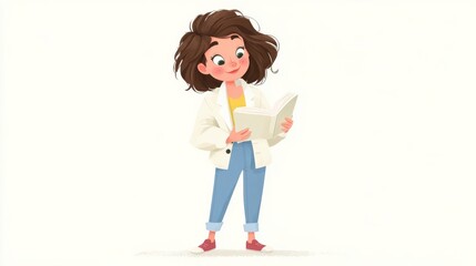 An animated young woman with brown hair wears a white jacket over a yellow top, blue jeans cuffed at the bottom,