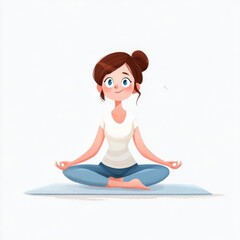 A young woman sits cross-legged on a yoga mat in a meditative pose, eyes closed, hands resting gently on her knees,