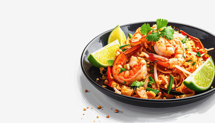 Flavorful bowl of seafood pad thai garnished with shrimp and lime on isolated white background with copy space for text