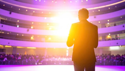 Speaker on stage in front of a large audience