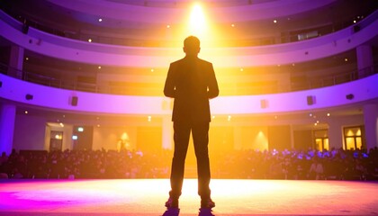 Speaker on stage in front of large audience