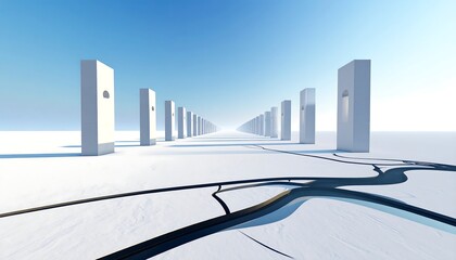 Endless white pillars receding into the horizon under a clear blue sky.
