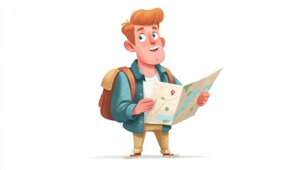 A cheerful red-haired explorer in a teal jacket studies a map with excitement,