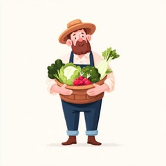A cheerful cartoon farmer in overalls, boots, and a straw hat holds a large wooden basket filled with fresh lettuce,