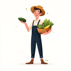 A cheerful farmer in overalls and a straw hat holds fresh vegetables,