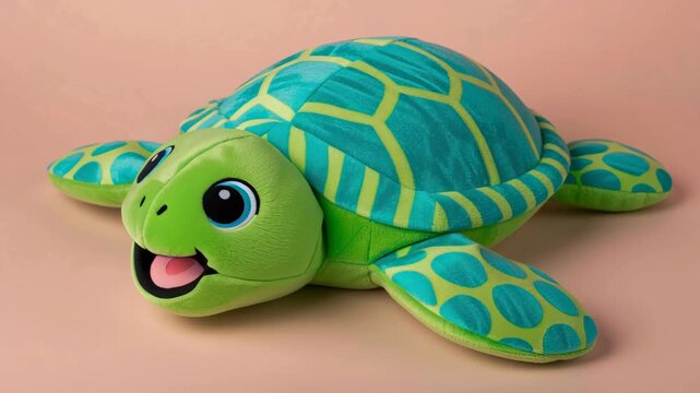 Green turtle plush toy with big eyes, soft stuffed animal, cheerful expression, blue and yellow shell, playful animal, children gift, room decor