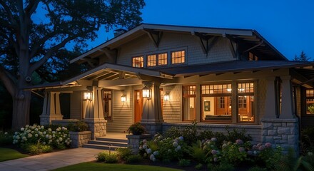 A charming craftsman-style house, lit by warm interior lights, sits serenely on a landscaped property at twilight.
