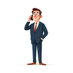 A well-dressed animated character in formal attire with glasses talks on his cell phone,