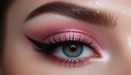 Close-up of a stunning blue eye with pink shimmering eye makeup and bold winged eyeliner design.