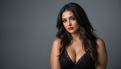 Naklejka premium Portrait of a brunette woman with red lipstick looking at camera against a neutral gray background.