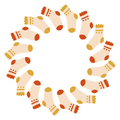 Autumn socks circle frame. Round border made of doodle hand drawn fall elements. Arranged in a circle for stickers, banners, cards, ads. Vector flat isolated on white background.