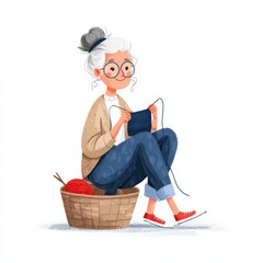 An elderly woman sits on a woven basket, knitting with dark navy-blue yarn using brown needles, wearing a cardigan,