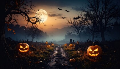 Spooky Halloween Graveyard Path at Night with Jack-o'-lanterns