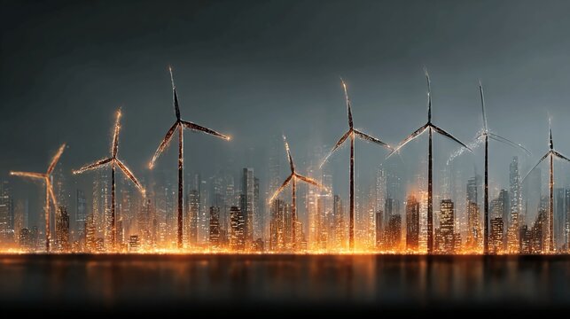 Dramatic wind turbines rising above a vibrant cityscape at night, showcasing sustainable energy solutions for a brighter future with renewable power generation